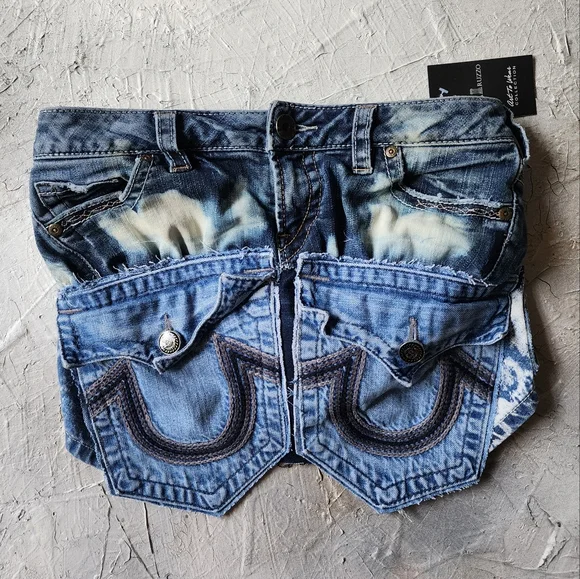 Designer Corset Sexy Top Upcycled Denim Distressed Fabric Boho Shabby Chic - Picture 3 of 14